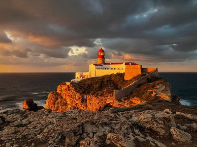 Cabo de Sao Vicente lighthouse on the cliffs of southwestern Portugal at sunset, the southwestern tip of mainland Europe