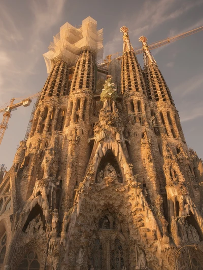 Sagrada Familia in Barcelona, Antoni Gaudi towering Nativity facade with sculpted spires at golden hour