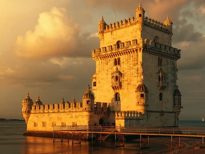 Belem Tower (Torre de Belem) in Lisbon at golden hour, 16th-century Manueline limestone fortress in the Tagus river