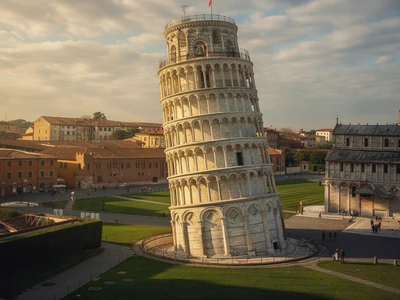 The Leaning Tower of Pisa, white marble Romanesque bell tower with its characteristic four-degree southward lean