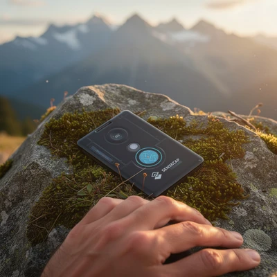 SenseCAP Card Tracker T1000-E credit-card-sized Meshtastic LoRa GPS tracker on a moss-covered rock