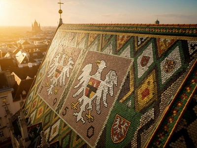 Stephansdom in Vienna, the famous multicolored glazed-tile roof of St. Stephen Cathedral with the Habsburg double-headed eagle and Vienna coat of arms